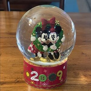 Disney Festive Mickey and Minnie Snow Globe with Red and Gold Accents